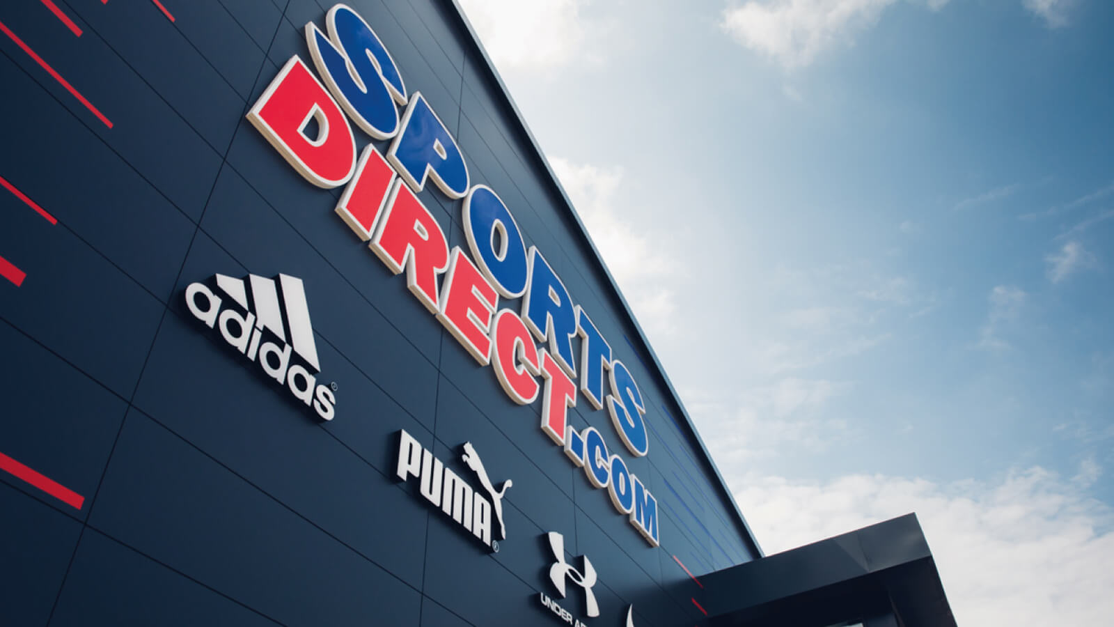 Sports Direct warehouse shop front including logo and customer logos