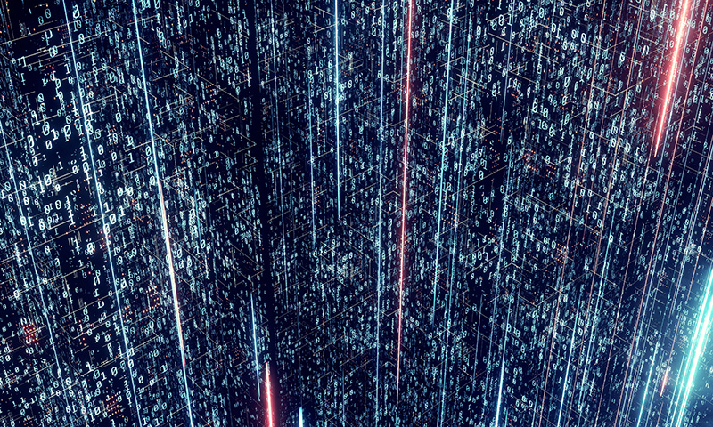 3D Rendering of software program coding with abstract binary data.