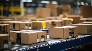 ecommerce packages in a logistics warehouse on conveyer belt