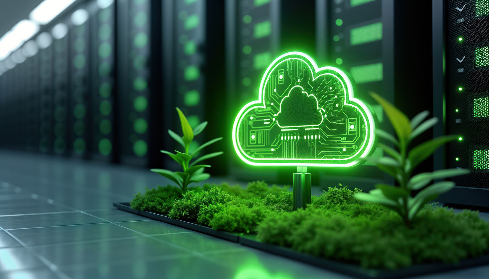 Eco-friendly cloud computing concept. Green energy icons on data centers. Modern tech solution for sustainable business. Illustrative image shows server rooms with glowing cloud symbol. Plants moss