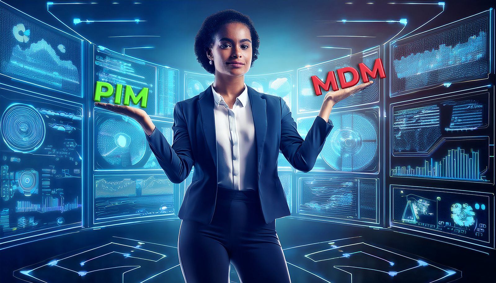 AI generated image of a professional woman in digital background holding the letters PIM and MDM representing Product Information Management and Master Data Management.