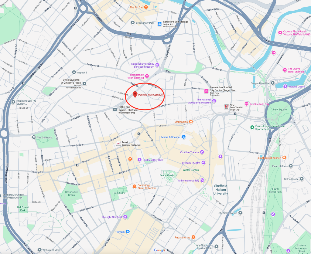 Map of Sheffield city centre showing the location of DeeperThanBlue's office in Pennine 5