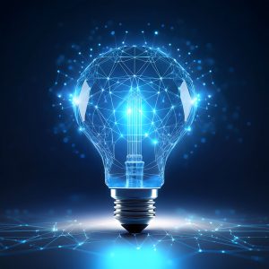 Illuminated blue digital light bulb with connected network pattern