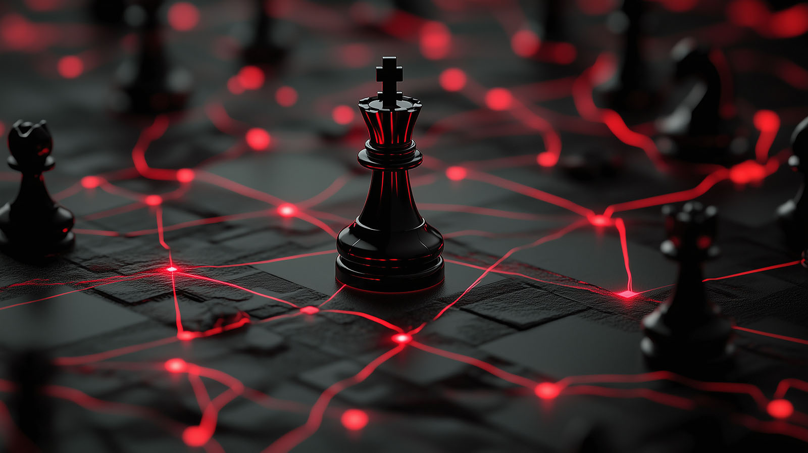 Black king chess piece standing on a dark chessboard with red laser lines in a network to illustrate AI strategy development