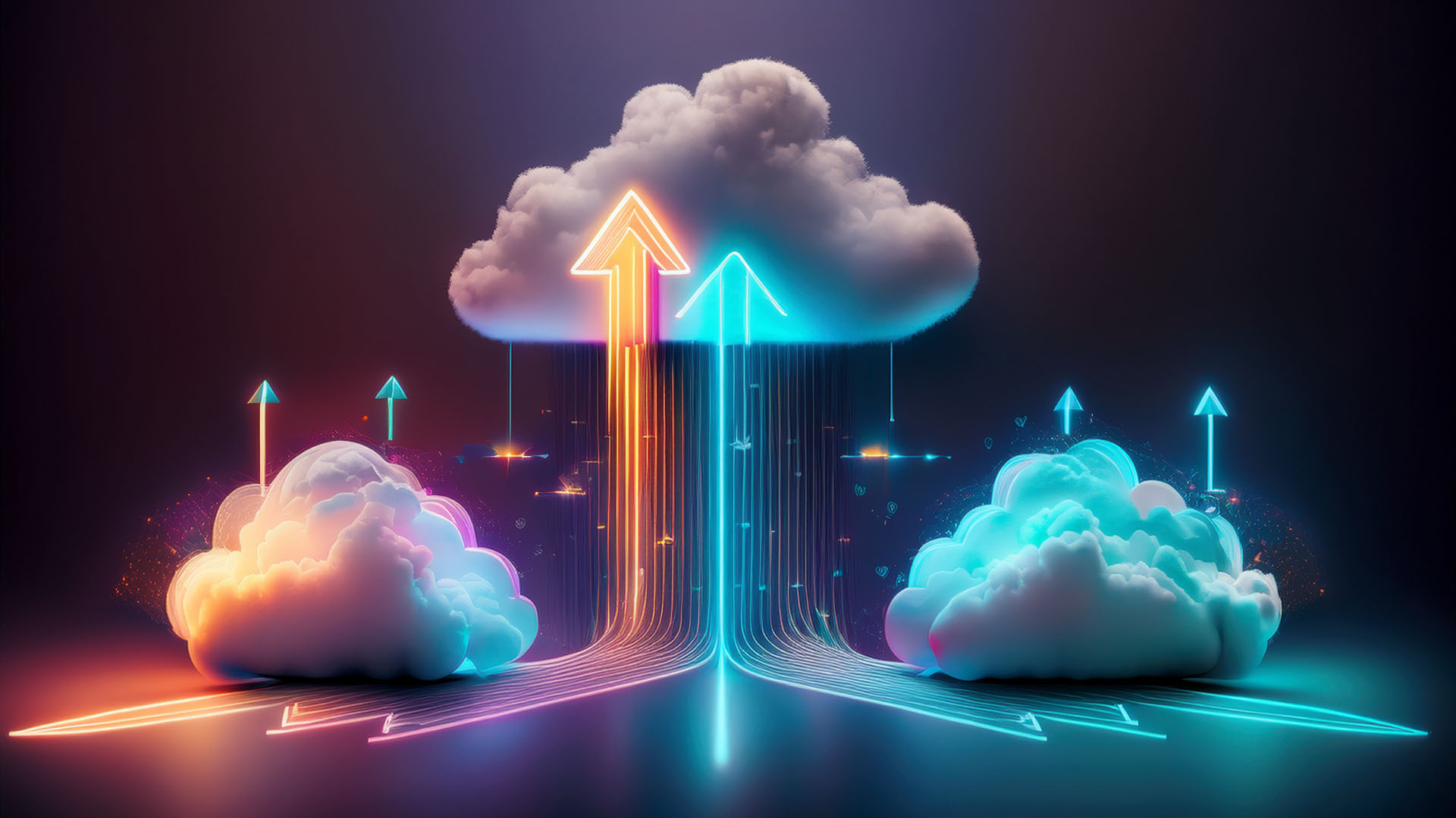AI Generated image showing multiple neon cloud outlines reducing in size to a vanishing point with three of four neon arrows running courses between the clouds to show navigating between multicloud environments.