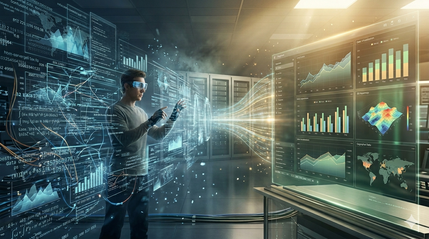 A wide, photo-realistic digital artwork representing data transformation. On the left, a chaotic jumble of cryptic blue numbers and tangled lines flows through a person wearing smart glasses. On the right, the data emerges as clear, organised holographic visualisations, including bar charts and maps. AI-generated by Gemini.
