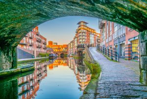 Sunset view of brick buildings alongside a water channel in the central Birmingham, England